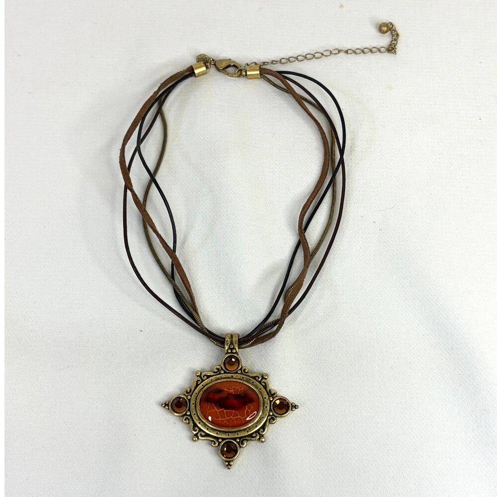Chico's Gold Tone Oval Amber Color Crackle Pendant on Cord Leather Necklace